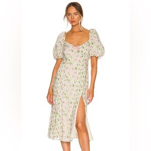 LPA Hartley Puff Sleeve Thigh Slit Midi Dress in Vanessa Floral Print S